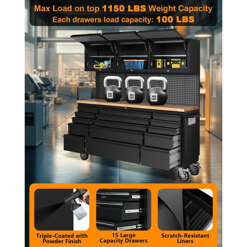 AIRAJ 72-Inch Rolling Tool Chest – Garage Workbench With 15